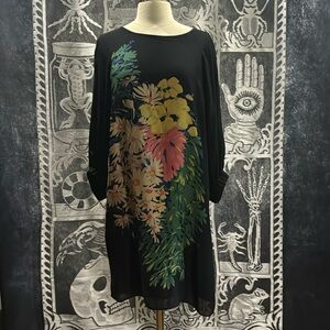 Tibi black 100% silk sheath dress w florals elegant goth